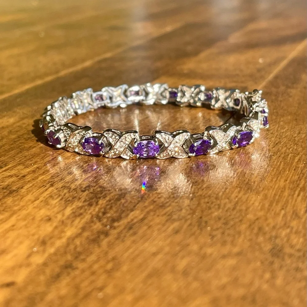 Genuine Amethyst & Silver Bracelet- 7.5” Like New- QVC- Stunning Gemstones! - Picture 4 of 16